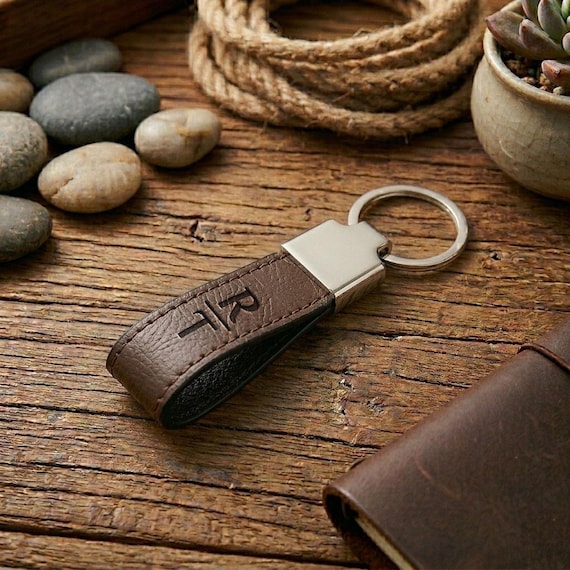 Personalized Genuine Leather Keyring, Custom Engraved Keychain, Minimalist Leather Key Fob, Monogrammed Key Holder, Gift for Him or Her