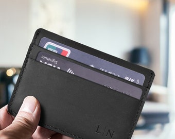 Cartera de cuero genuino minimalista cartera de bolsillo frontal delgado titular de la tarjeta de los hombres personalizado titular de la tarjeta delgada regalo personalizado del día del padre