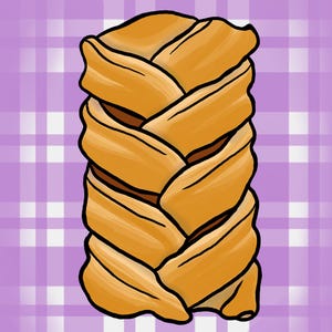 Könnte beinhalten: Illustration eines goldbraunen, geflochtenen Gebäckstücks. Das Gebäck ist ein vertikales Rechteck mit einem detaillierten Webmuster. Der Hintergrund ist ein lila-weißes Karomuster.