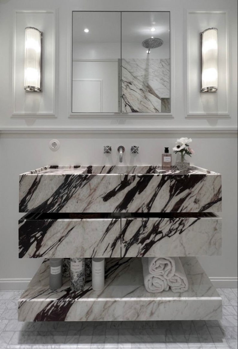 Calacatta Marble Vanity With Drawers and Basin, Freestanding Marble ...