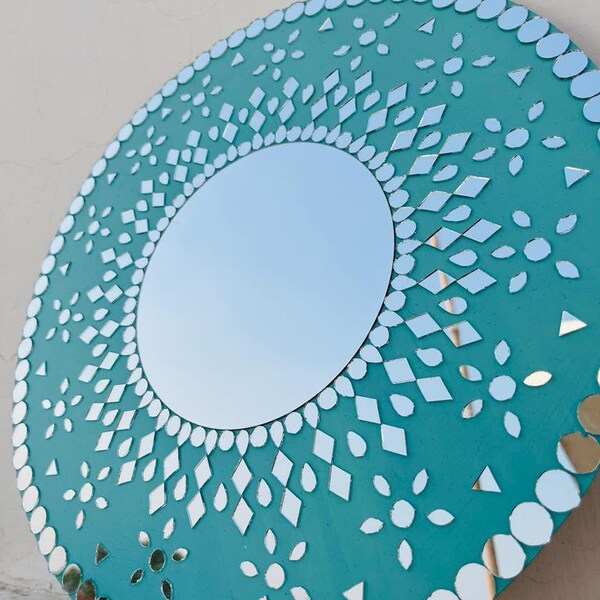 Miroir mural en mosaïque pour décoration intérieure de couleur bleu ciel, art lippan