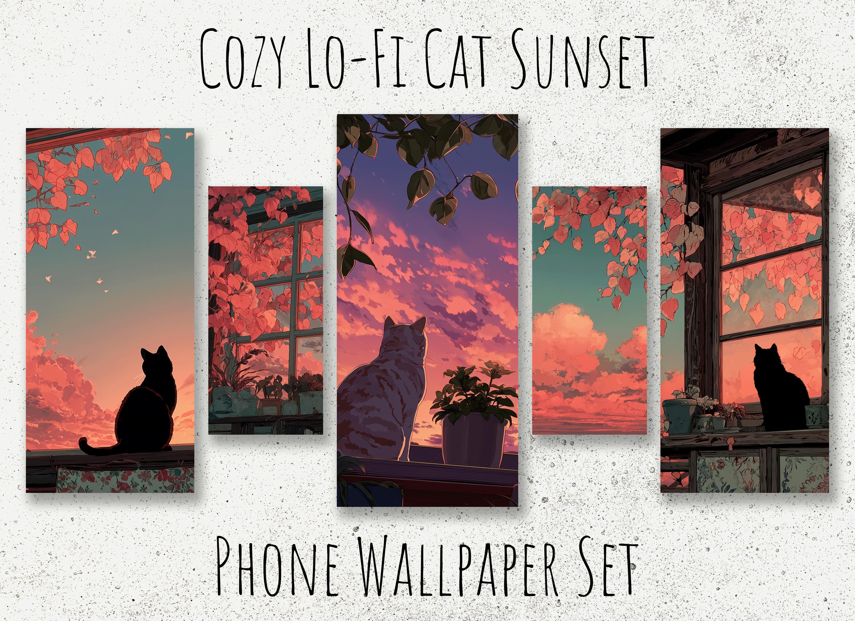 Cozy Lo-fi Cat Sunset Phone Wallpaper Set (digital Download) - Etsy Israel, image size:3000x2181