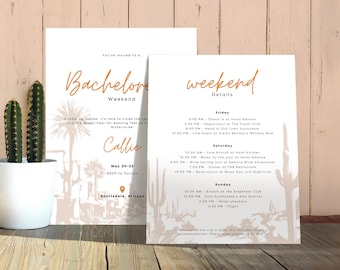 May include: Two white invitation cards with a desert theme, featuring text in a handwritten style. The cards are for a bachelorette weekend in Scottsdale, Arizona. A small cactus in a white pot is in the foreground.