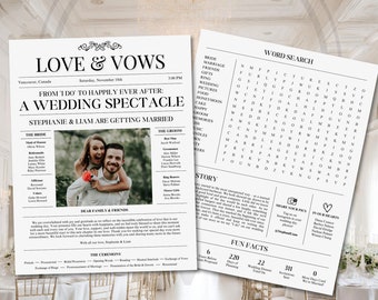 Newspaper Wedding Program Vintage Wedding Program Word Search Printable Wedding Program Newspaper Wedding Day Timeline Retro Wedding DIY