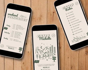 Könnte beinhalten: Eine digitale Einladung zu einem Glamping-Wochenende mit dem Text "Camp Michelle" und einer Grafik eines Zeltes in den Bergen. Die Einladung enthält einen Wochenendplan und eine Liste von Camp-Regeln.