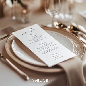 Dinner Menu Wedding Template Editable Food Menu Card Canva Printable Minimal Reception Menu for Guests Elegant Place Setting Table Decor