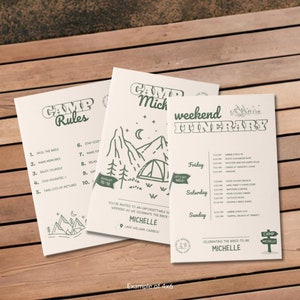 Camping Junggesellinnenabschied Einladung Reiseplan Vorlage Canva Camp Bachelorette Einladen Drucke Retro Camping Bachelorette Mädchen Wochenende