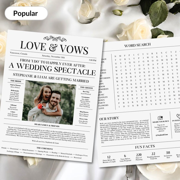 Newspaper Wedding Program | Fully Editable | Printable Wedding Programs | Wedding Program Template | Wedding Word Search | Wedding Newspaper