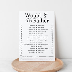 Peut inclure: Un jeu imprimable "Would She Rather" avec un design noir et blanc. Le jeu présente une liste de 16 questions avec deux options pour chaque question. Les questions portent sur diverses activités et préférences. Le jeu est conçu pour une fête de mariage ou un enterrement de vie de jeune fille.