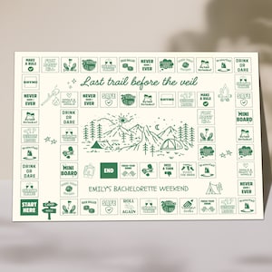 Pode incluir: Um jogo de tabuleiro para despedida de solteira creme com texto e ilustrações verdes. O jogo de tabuleiro tem o título "Last trail before the veil" e inclui indicações como "Drink or Dare" e "Never Ever". O texto "Emily's Bachelorette Weekend" também está presente.