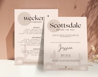 May include: Two beige-colored invitation cards with a desert theme. One card is a weekend itinerary, and the other is for a bachelorette party in Scottsdale, Arizona. The cards feature cactus illustrations and event details.
