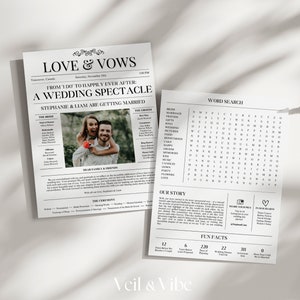 May include: A black and white wedding announcement newspaper template with a photo of the couple, a list of wedding party members, and a word search puzzle. The text reads "Love & Vows" and "From I Do to Happily Ever After: A Wedding Spectacle".