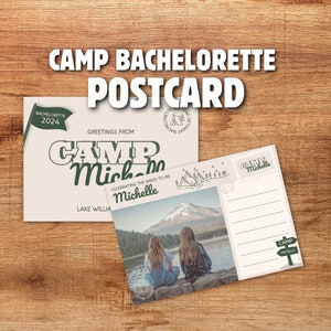 Modèle de carte postale de voeux de camp EVJF, camping carte d'enterrement de vie de jeune fille ou jeune garçon, cadeaux EVJF, cadeau imprimable