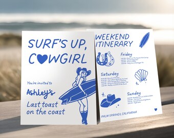 Kust Cowgirl Vrijgezellenfeest Uitnodiging Sjabloon Laatste Toast aan de Kust Vrijgezellenfeest Route Kust Oma Uitnodigen Strand Vrijgezellenfeest