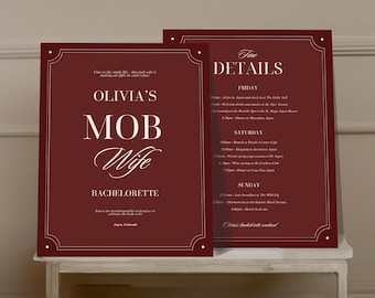 Mob Frau Bachelorette Einladung Canva Vorlage Bearbeitbare Reiseplaner Karte Druckbares Glam Party Wochenende Aspen Girls Reise Elegantes Braut Design