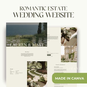 Peut inclure: Conception de site web de mariage avec le texte "Romantic Estate Wedding Website". Le site web présente des images d'une cérémonie et d'une réception de mariage, avec les noms "LAUREN & MATT". Le site web a été créé dans Canva.