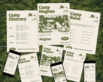 Könnte beinhalten: Ein Satz druckbarer Karten für einen Junggesellinnenabschied mit Camping-Thema. Die Karten beinhalten einen Reiseplan, Regeln und eine Willkommensnachricht. Die Karten sind in einem grün-weißen Farbschema gehalten und zeigen eine Zeichnung eines Campingplatzes mit Zelten.