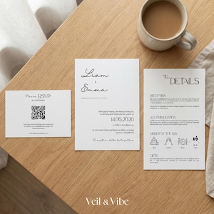 Minimalistisk bröllopsinbjudningssvit gjord i Canva Redigerbara bröllopsinbjudningsmallar för bröllop med bröllopsdetaljer Kort RSVP QR-kod DIY