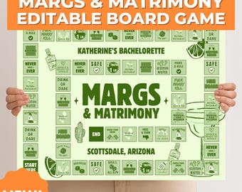 Puede incluir: Un juego de mesa imprimible verde y blanco llamado "Margs & Matrimony" con un gráfico de vaso de margarita. El juego es para una despedida de soltera e incluye casillas con frases como "Beber o atreverte", "Hacer una regla" y "Maestro de preguntas".