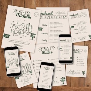 Camp Bachelorette Itinerary,Invitation & Camp Rules | Bachelorette Party Itinerary |  Last Veil Before the Trail | Itinerary Template