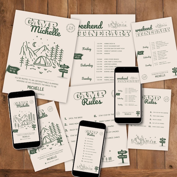 Camp Bachelorette Itinerary,Invitation & Camp Rules | Bachelorette Party Itinerary |  Last Veil Before the Trail | Itinerary Template