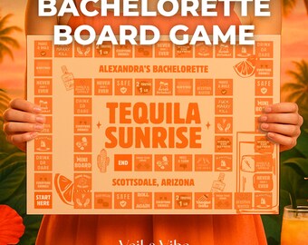 May include: A rectangular board game with an orange and white color scheme, titled "Bachelorette Board Game." The game features the text "Tequila Sunrise" and includes game instructions and illustrations. The game is set in Scottsdale, Arizona.