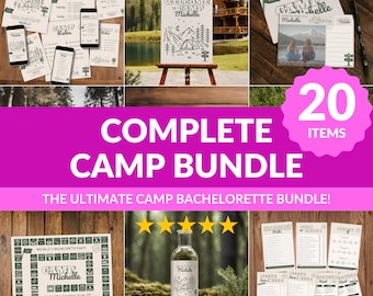 May include: A digital printable camp bachelorette party bundle with 20 items. The bundle includes a welcome sign, a game board, a checklist, a itinerary, and a bottle label. The theme is camping and the color scheme is green and brown.