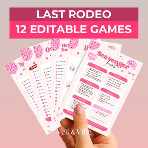 Pacchetto di giochi da bere modificabili Last Rodeo Bach, giochi per feste di addio al nubilato a Nashville, giochi per feste di addio al nubilato in discoteca, giochi per weekend tra ragazze a Nash Bash