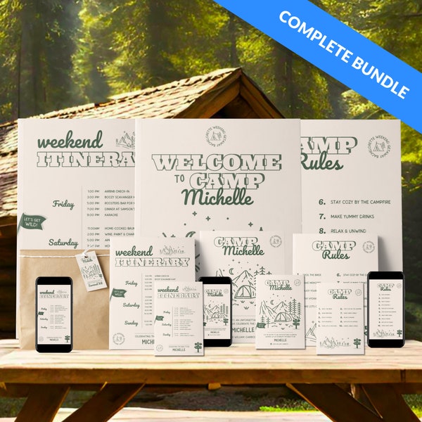Camp Bachelorette Itinerary,Invitation, Camp Rules, Welcome Sign, Survival Kit Tag Complete Bundle | Retro Camping | Editable Templates