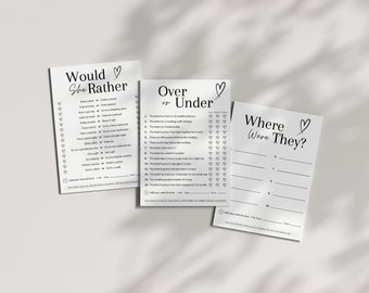 May include: Three printable bridal shower game cards with black text on a white background. The first card is titled "Would She Rather" and has a list of questions. The second card is titled "Over or Under" and has a list of questions about the bride and groom. The third card is titled "Where Were They?" and has a list of blank spaces for guests to fill in.