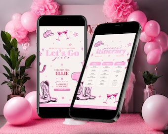 Nashville Bachelorette Mobile Invitation Templates Western Bachelorette Invite Lets Go Girls Bachelorette Itinerary Editable Pink Cowgirl