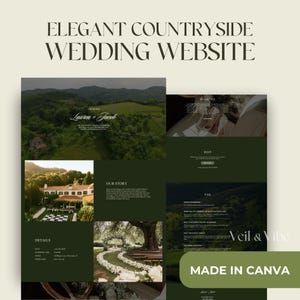 Puede incluir: Diseño de sitio web para bodas con un tema campestre, utilizando tonos verdes y blancos. El diseño incluye fotos de paisajes, detalles de la boda y el texto "ELEGANT COUNTRYSIDE WEDDING WEBSITE". Creado con Canva.