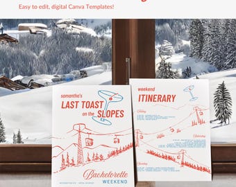Laatste toast op de pistes Winter uitnodiging vrijgezellenfeest Après-ski route bewerkbare afdrukbare besneeuwde berg thema DIY sjabloon Canva