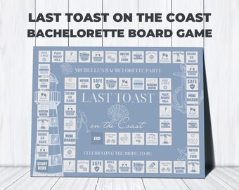 May include: A blue and white bachelorette party game board with the text "Last Toast on the Coast" and "Michelle's Bachelorette Party". The board features a variety of game squares with different instructions, such as "Drink or Dare", "Safe", and "Never Ever".