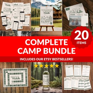 Pode incluir: Uma faixa vermelha com o texto "20 COMPLETE CAMP BUNDLE INCLUDES OUR ETSY BESTSELLERS!" e cinco estrelas douradas. A faixa está na frente de uma colagem de imagens de decorações de festa com tema de acampamento, incluindo uma placa de boas-vindas, um tabuleiro de jogo, uma garrafa de licor e vários cartões imprimíveis.
