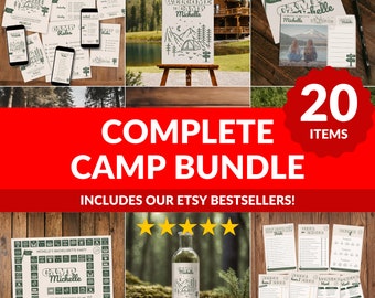May include: A red banner with the text "20 COMPLETE CAMP BUNDLE INCLUDES OUR ETSY BESTSELLERS!" and five gold stars. The banner is in front of a collage of images of camping-themed party decorations, including a welcome sign, a game board, a bottle of liquor, and several printable cards.