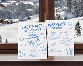 Sneeuw vrijgezellenweekend uitnodiging canva sjabloon bewerkbaar reisplan Après-ski thema feestkaart laatste toast Girls Getaway sneeuwreis uitnodigen