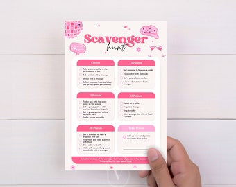 May include: Pink and white printable scavenger hunt game card with instructions for a bachelorette party. The card has a pink background with white text and illustrations of a disco ball, a cowboy hat, and a pair of high heels.