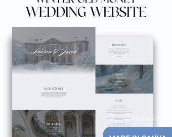 Site Web de mariage d'hiver, modèle de site Web de mariage Old Money, Canva, site Web de mariage entièrement personnalisable, esthétique Old Money, site Web d'une page