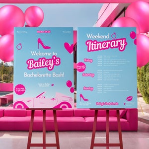 Retro Girls Weekend Bachelorette Party Welcome Sign Template Pink Bachelorette Itinerary Sign Template She&#39;s Everything Welcome Signage DIY