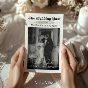 May include: A black and white wedding announcement in the style of a newspaper. The headline reads "Happily Ever After!" and the text below says "Lauren + Jacob are getting married!"