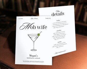 Luxury Mob Wife Itinerary and Invite Canva Template Classy Bachelorette Weekend Printable Martini Theme for Girls Night Bridal Bash