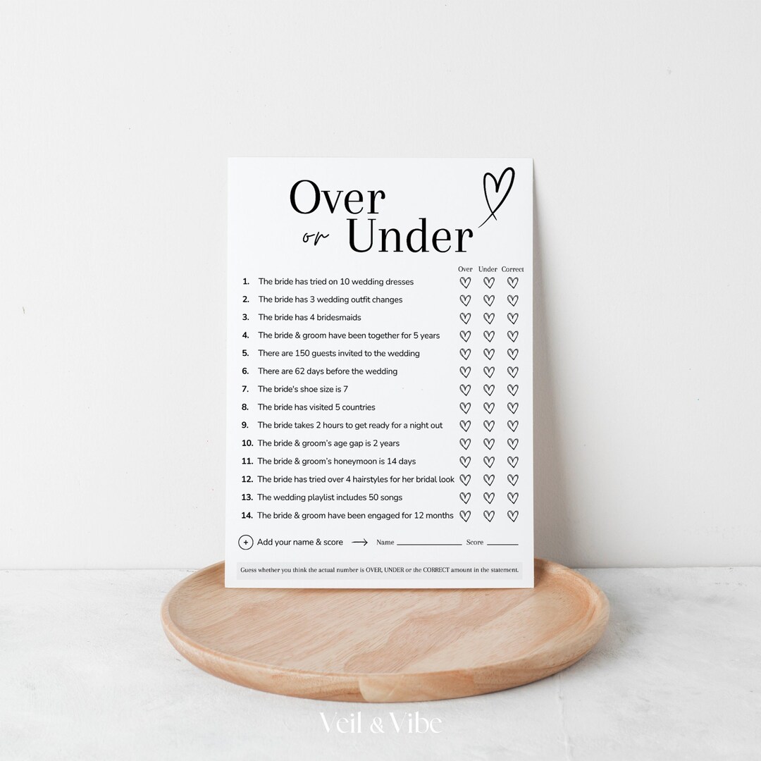 Over or Under Bridal Shower Game Template Game for Bridal Shower ...