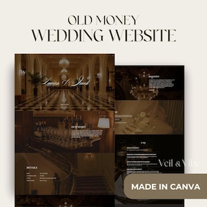 Puede incluir: Diseño de sitio web de bodas con el texto "OLD MONEY WEDDING WEBSITE" en la parte superior. El sitio web presenta un interior lujoso con un suelo a cuadros en blanco y negro. El sitio web incluye secciones para detalles, registro y preguntas frecuentes.