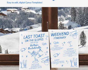 Laatste toast op de piste winter vrijgezellenfeest uitnodiging sjabloon après-ski route bewerkbare afdrukbare DIY vrijgezellenfeest winterthema