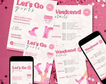 Könnte beinhalten: Eine rosa und weiße druckbare Einladung für ein Junggesellinnenabschluss-Wochenende in Nashville, Tennessee. Die Einladung zeigt einen Kalender mit den Daten vom 23. bis 25. Juli, ein Paar rosa Cowboystiefel und den Text "Let's Go Girls".