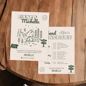 Camp Bachelorette Invitation Bachelorette Itinerary Template Glamping Invitation for Camping Theme Bachelorette Party Itinerary Camp Rules
