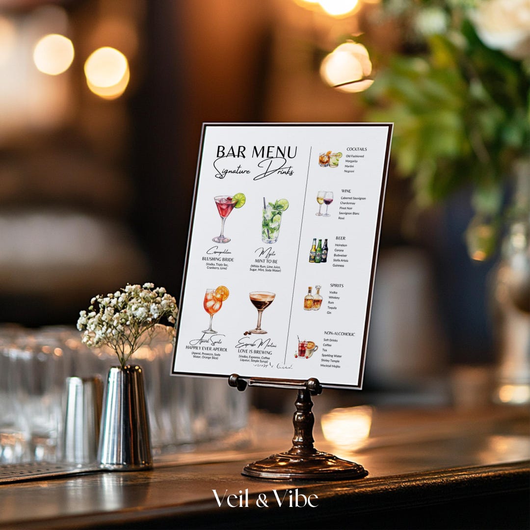 Editable Wedding Bar Menu Sign Canva Template Signature Cocktails ...