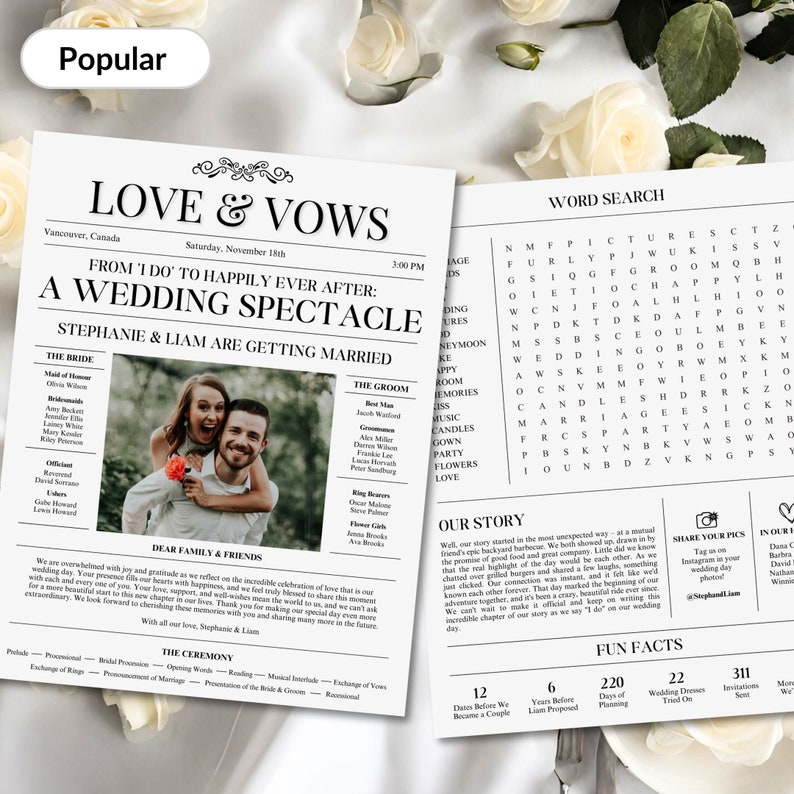 Programa de bodas de periódico / Totalmente editable / Programas de bodas imprimibles / Plantilla de programa de bodas / Búsqueda de palabras de bodas / Periódico de bodas imagen 1