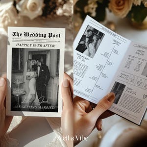 May include: A wedding invitation designed as a newspaper, with the headline "The Wedding Post" and the words "Happily Ever After!" The invitation features a black and white photo of a couple kissing. The inside details the wedding timeline.